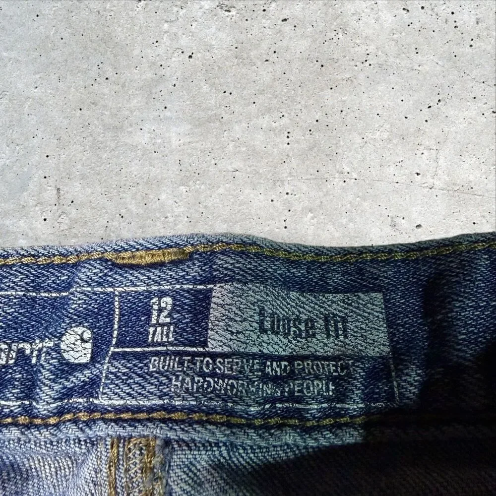 Carhartt Loose Fit Jeans Men’s 12 Tall Blue Denim Straight Workwear Distressed